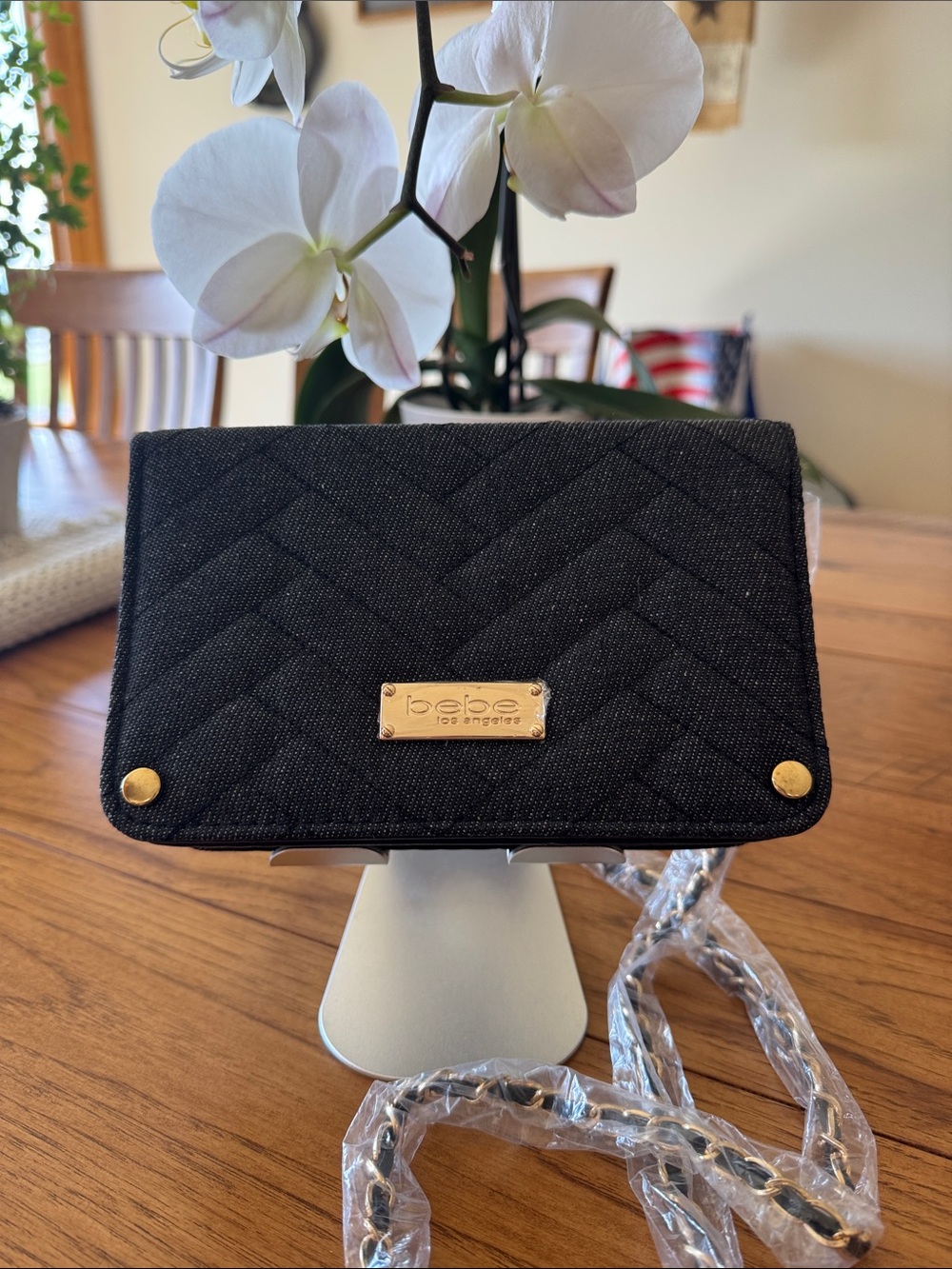 Bebe Black Denim Crossbody with Gold Plate